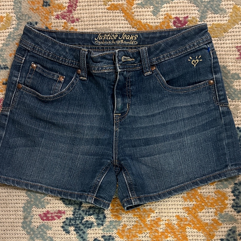Justice Dark Blue Denim Shorts with Heart Accent